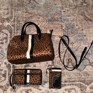 Fossil Leopard Print Handbag Set with Black and White Accents